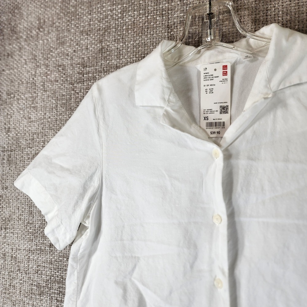 Uniqlo Linen Blend Open Collar Shirt Womens SS White Boxy Cropped Relaxed NEW - Picture 2 of 10